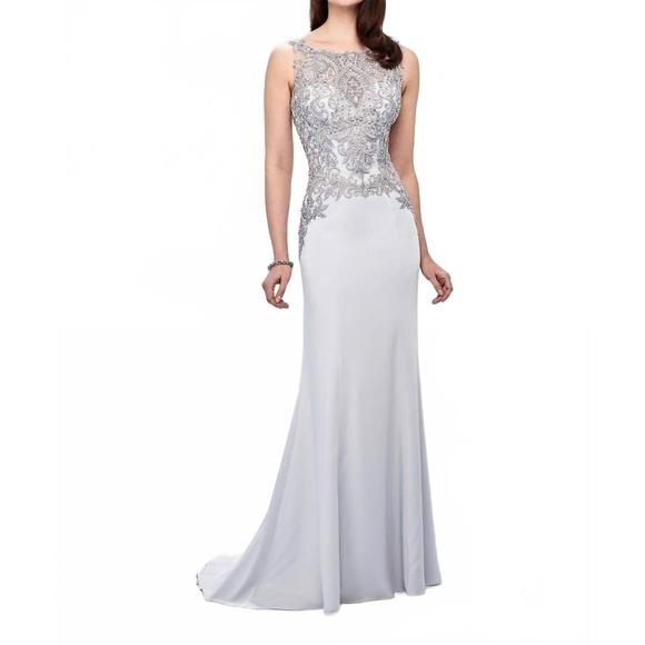 NEW MONTAGE BY MON CHERI embroidered lace beaded gown in ice gray - silver